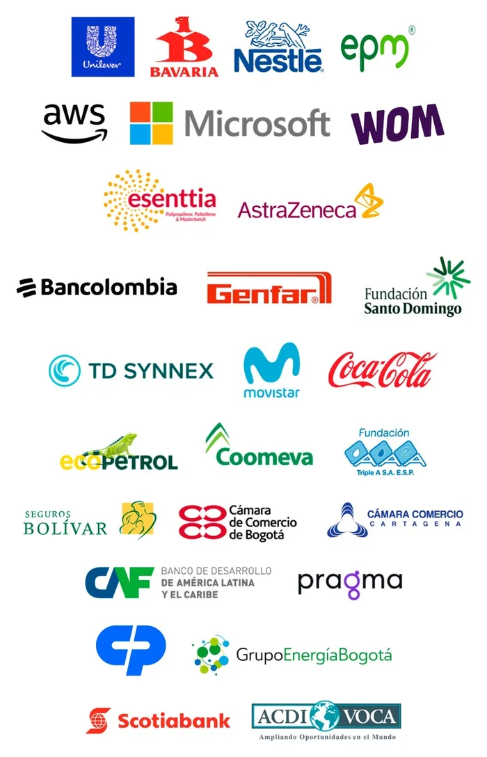 Logos de clientes: Unilever, Bavaria, Nestlé, EPM, AWS, Microsoft, WOM, Esenttia, AstraZeneca, Bancolombia, Genfar, Fundación Santo Domingo, TD Synnex, Movistar, Coca-Cola, Ecopetrol, Coomeva, Fundación Triple A, Seguros Bolívar, Cámara de Comercio de Bogotá, Cámara de Comercio de Cartagena, CAF, Pragma, Grupo Energía Bogotá, Scotiabank y ACDI/VOCA